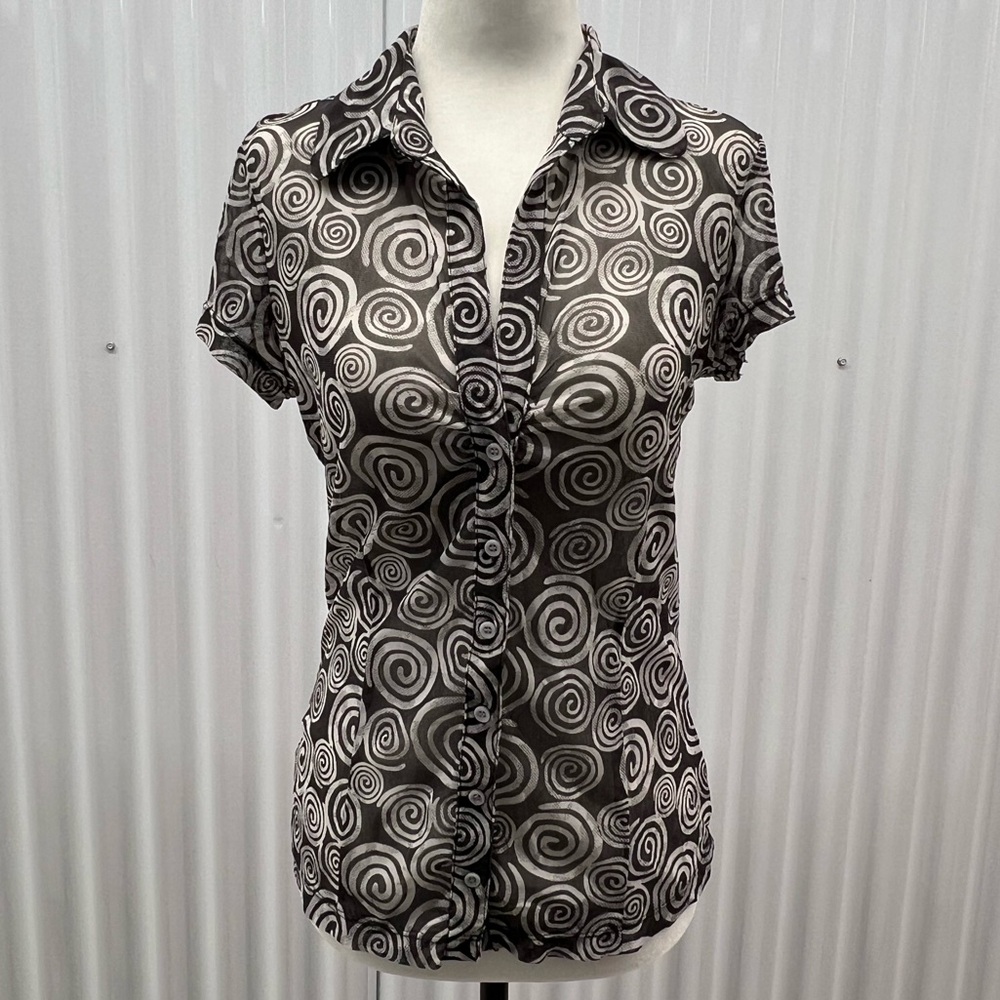 Y2K Mexx Black & White Swirl Mesh Button-Up Blouse (Size L)